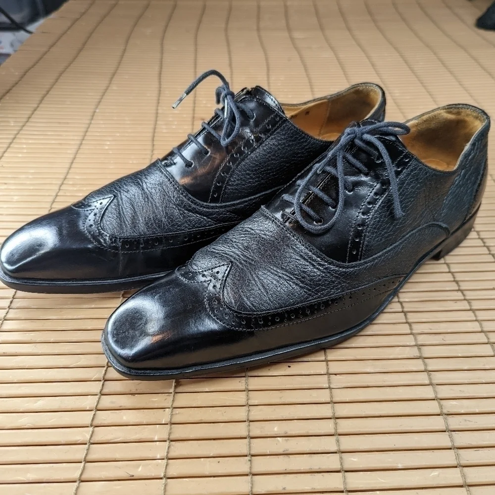 MERCANTI FIORENTINI Men's Black Leather Wing Tip Balmoral Dress Oxford Shoes Siz